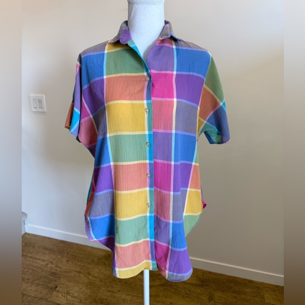Vintage Colorblock Plaid Button-Up Shirt Size 10 Cottagecore Coastal Grandma